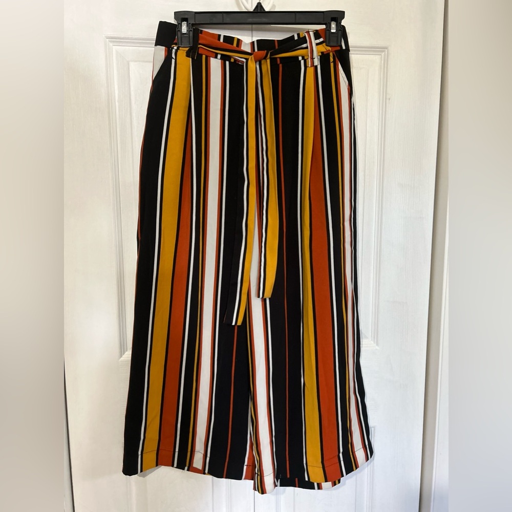 Zara Trafaluc crop striped wide leg pants with tie waist side pockets size L